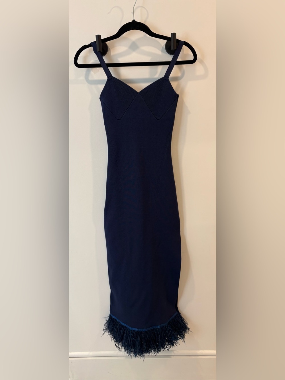 STAUD Navy Feather-Hem Midi Dress